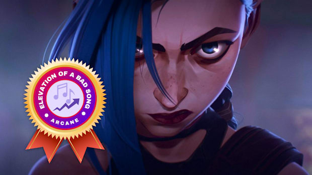 Jinx stares at the camera looking angry with blue hair in Arcane