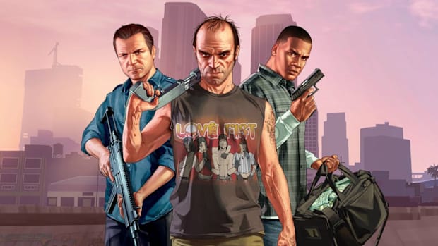 Os personagens principais do GTA 5, da esquerda para a direita, Michael, Trevor e Franklin.