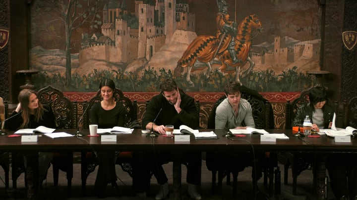 (L-R) Freya Allan, Anya Chalotra, Liam Hemsworth, Joey Batey, and Meng'er Zhang at The Witcher season 4 table read, shared by Netflix