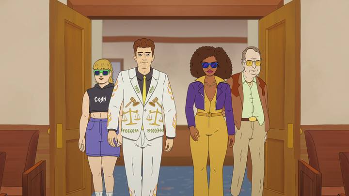 Strip Law S1. Shannon Gisela as Irene Gumb, Adam Scott as Lincoln Gumb, ESQ., Janelle James as Sheila Flambe and Stephen Root as Glem Blorchman in Strip Law S1. Cr. Courtesy of Netflix © 2026