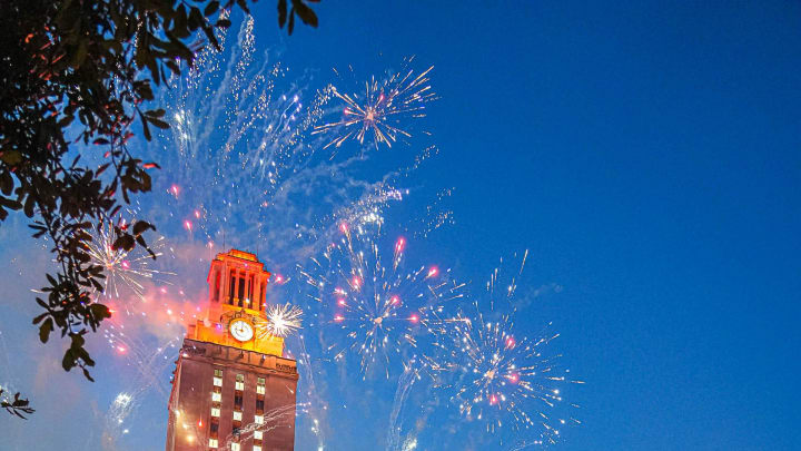 Fireworks erupt from in front of the UT Tower during the SEC Celebration at the University of Texas at Austin on Sunday, June 30, 2024.