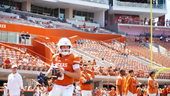 Aug 31, 2024; Austin, Texas, USA;  Texas Longhorns quarterback Quinn Ewers (3) warms up before a game against Colorado State at Darrell K Royal-Texas Memorial Stadium. Mandatory Credit: Aaron Meullion-USA TODAY Sports