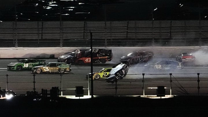 Josh Berry flips in the No. 4 car during the final laps of the Coke Zero Sugar 400, Saturday, Aug. 24, 2024, at Daytona International Speedway.