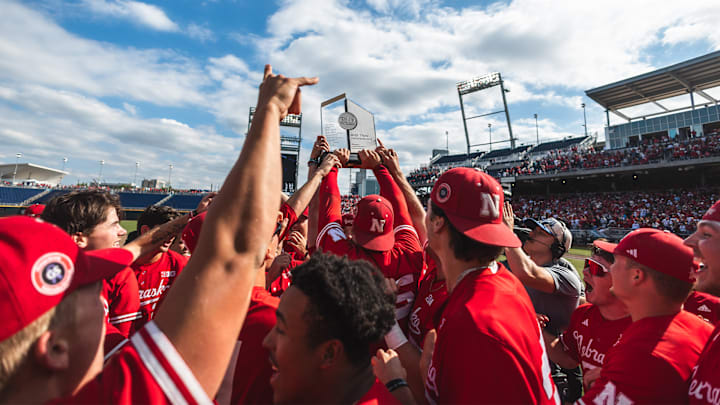 Nebraska players hold up the trophy after winning the 2025 Big Ten Baseball Tournament. Nebraska players hold up the trophy after winning the 2025 Big Ten Baseball Tournament.