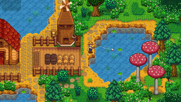 A pixel man fishes by a farm in Stardew Valley near some giant mushrooms