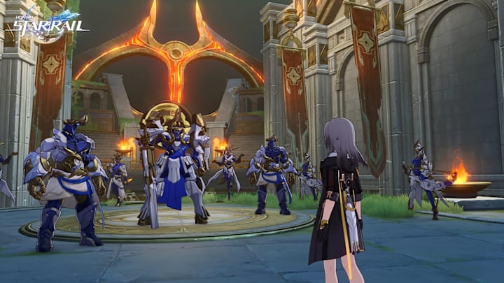 Honkai: Star Rail screenshot showing Trailblazer and enemies from Amphoreus.