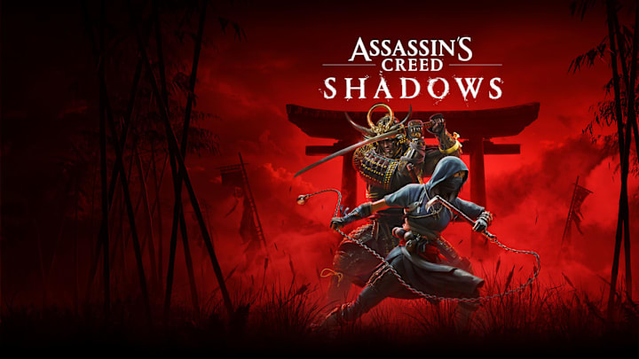 The  key art for Assassin's Creed Shadows features a shinobi and a samurai posing against a red background. 