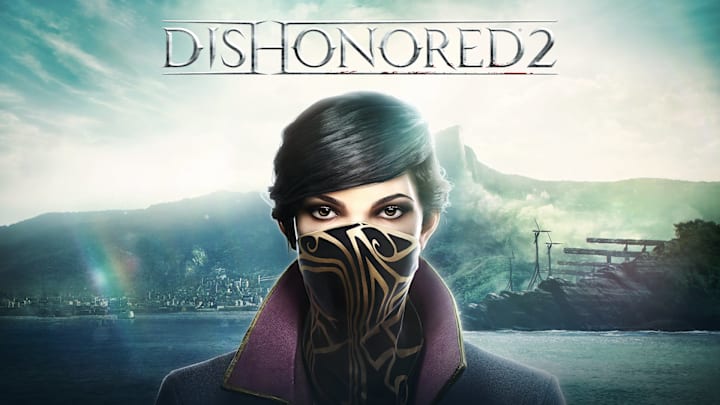 Emily Kaldwin looks into the camera with a seaside town behind her in Dishonored 2 key art. 