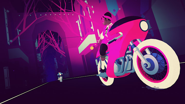 A woman on a pink motorbike looking back at someone chasing her on another motorbike.