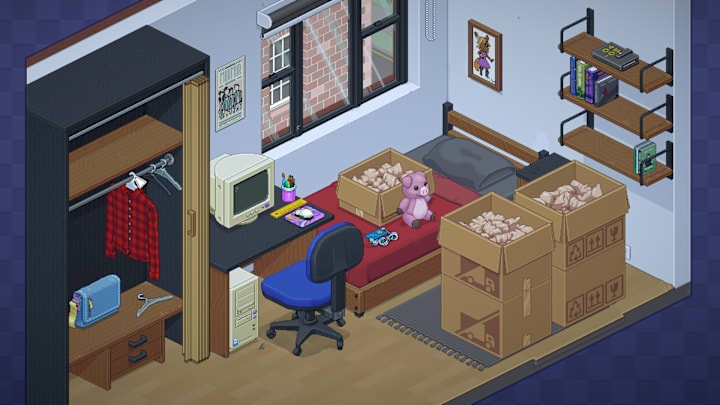 A small bedroom with lots of boxes in it.