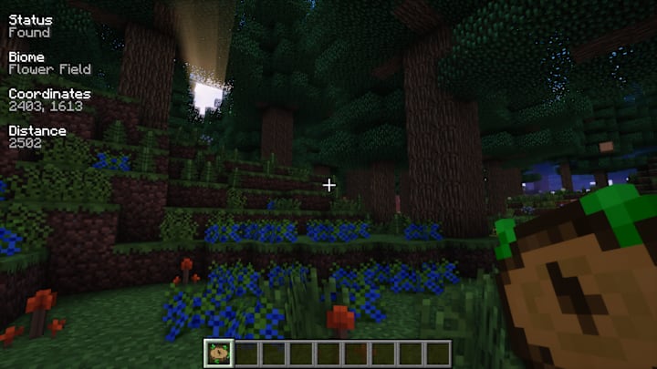 UI showing the coordinates of the desired biome while holding a Nature's Compass in Minecraft.