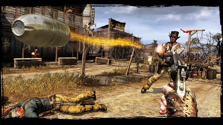Comic book style art from a first-person view, you hold a revolver pointed at a man who's shooting back, bullet whizzes by