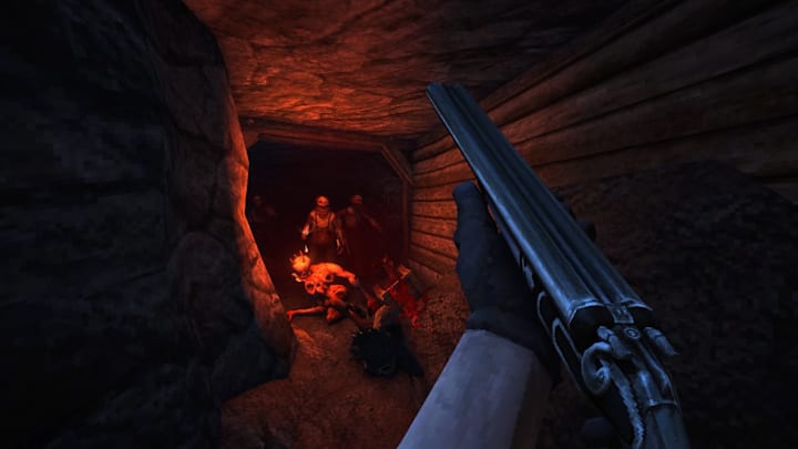 Blood West -- the player fires a shotfun at creatures emerging from a dark cave