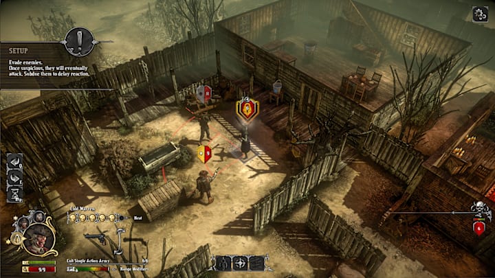 A tactical top down view of a Hard West town just before a fight.