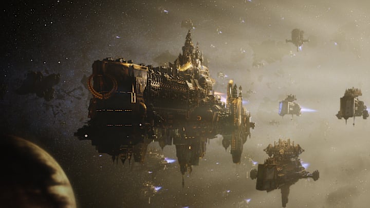 Battlefleet Gothic: Armada 2 screenshot of an imperial fleet in space.