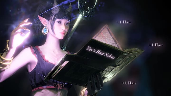 An elf with horns casting a spell from a magic book titled "Tav's Hair Salon" in Baldur's Gate 3