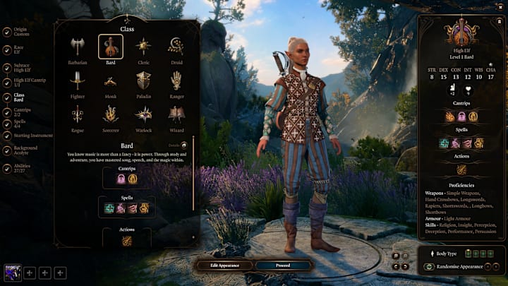 A bard in the character creation menu of Baldur's Gate 3.