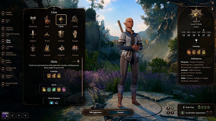 A cleric in the character creation menu of Baldur's Gate 3.