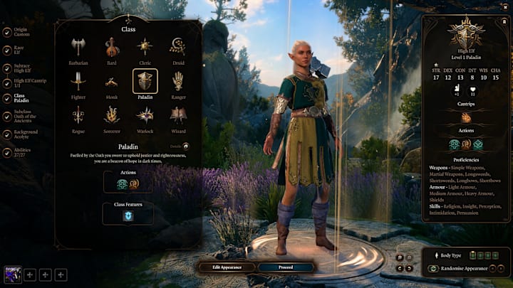 A paladin in the character creation menu of Baldur's Gate 3.