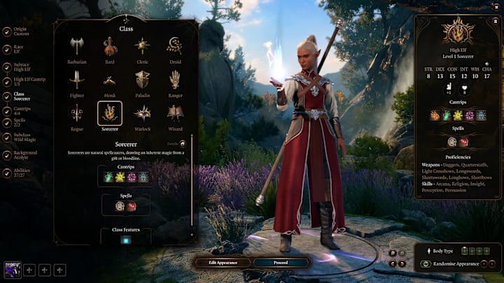 A sorcerer in the character creation menu of Baldur's Gate 3.
