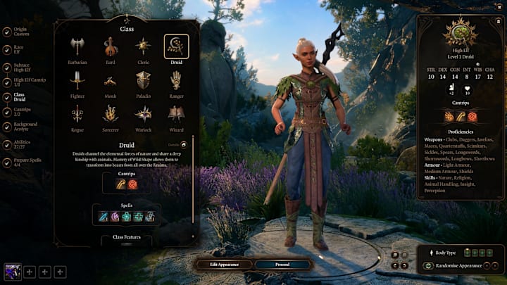 A druid in the character creation menu of Baldur's Gate 3.