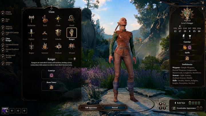 A ranger in the character creation menu of Baldur's Gate 3.