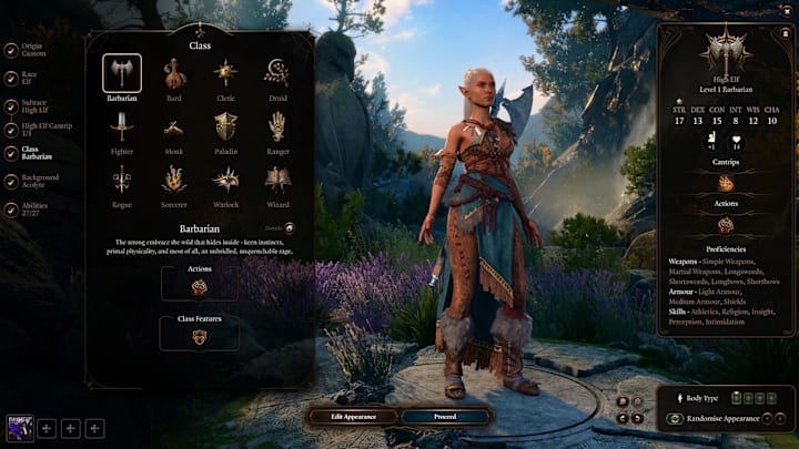 A barbarian in the character creation menu of Baldur's Gate 3.