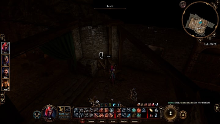 A lever on the wall of a dark basement in Baldur's Gate 3, which when pulled will reveal a hidden location.