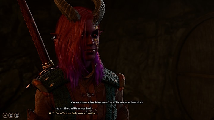 A purple-skinned Tiefling with large horns and red hair answering the Ornate Mirror's questions.