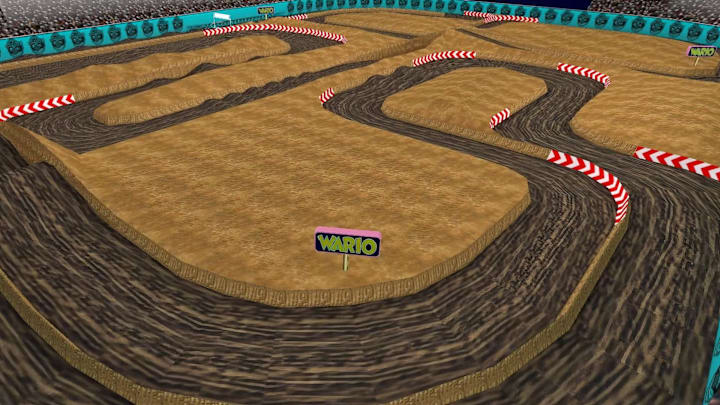 A muddy track between piles of dirt in the middle of a stadium in Mario Kart 64.