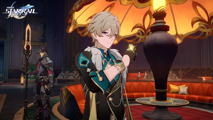 Honkai: Star Rail screenshot of Aventurine holding a coin.