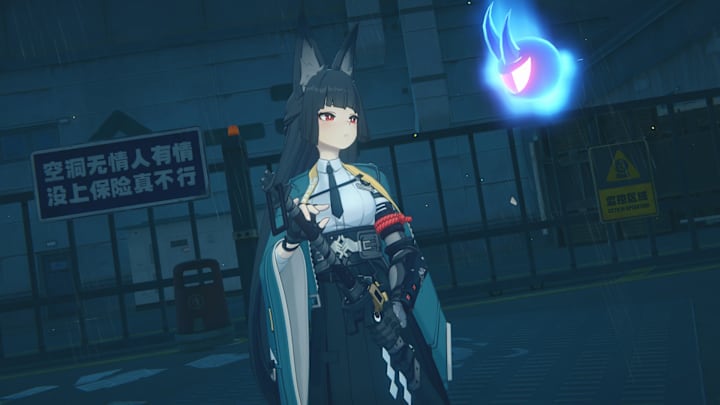 Zenless Zone Zero screenshot of Miyabi and a little flaming ghost.