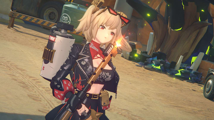 Zenless Zone Zero screenshot of Burnice playing with her flamethrower.