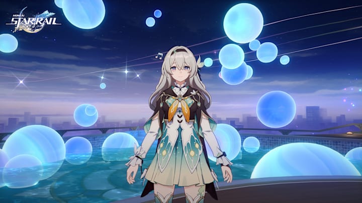 Honkai: Star Rail screenshot of Firefly in front of the night sky.