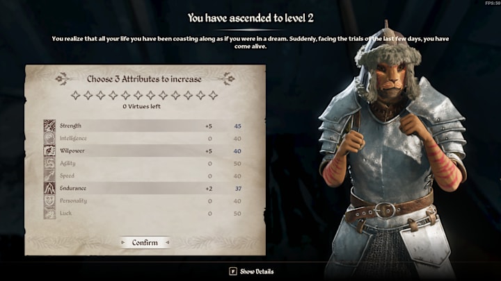 The Oblivion Remastered level up screen with Strength, Willpower, and Endurance selected.