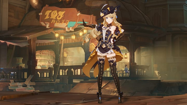 Genshin Impact screenshot of Navia posing in front of a business.