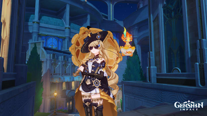 Genshin Impact screenshot showing Navia holding a parasol at night.