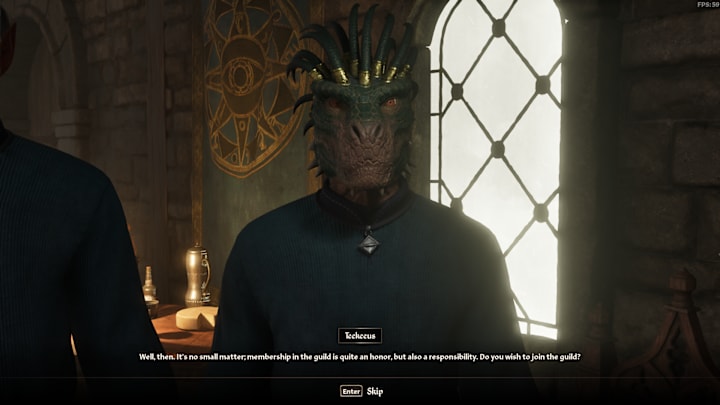 A green-skinned Argonian in a Mages Guild uniform.