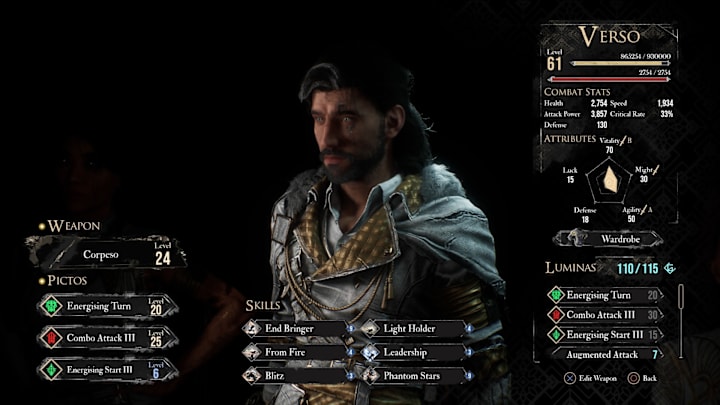 A status screen for Verso in Expedition 33. 