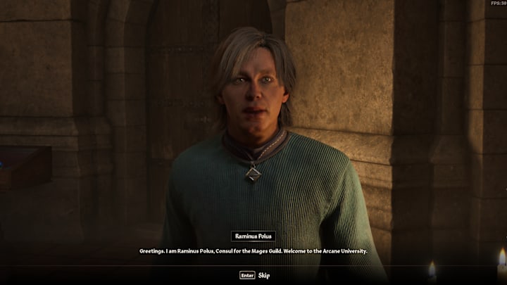 Raminus Polus, a man in a blue Mages Guild robe.