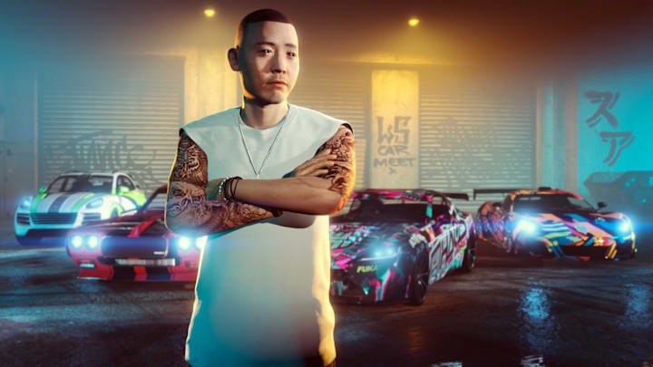 A man standing in front of a bunch of cars in GTA Online