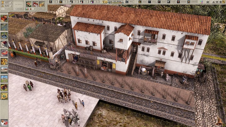 Pax Augusta screenshot of arcades being built along a road.