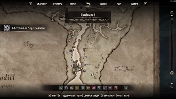 A map of Cyrodill showing the location of the Nocturnal shrine.