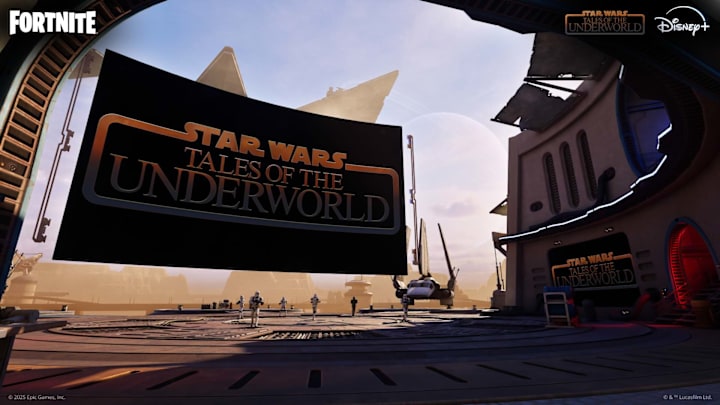 A big screen showing the Star Wars: Tales of the Underworld logo in a hangar.