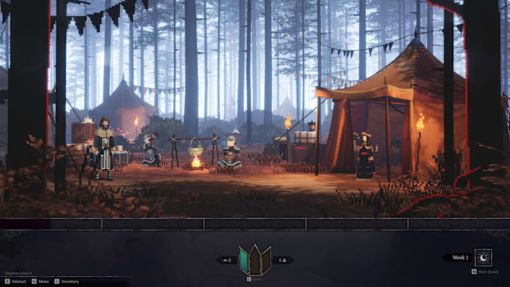 A pixel-art medieval encapment out in the woods at dusk.