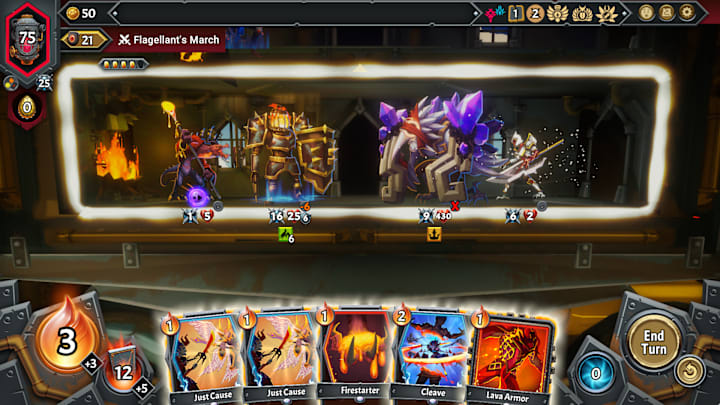 Monsters on a train with a hand of cards at the bottom of the screen.