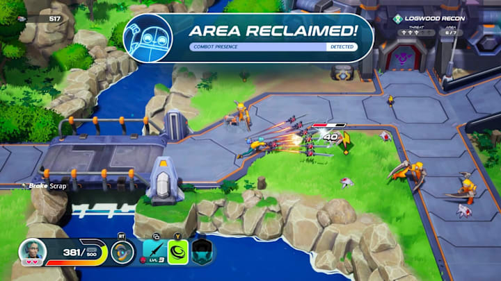 A guy beating up some monsters while a notification says "Area Reclaimed!"
