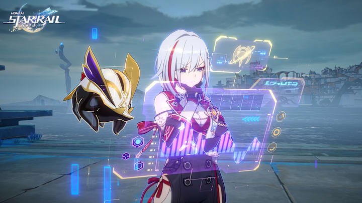 Honkai: Star Rail screenshot of Topaz looking at stocks.
