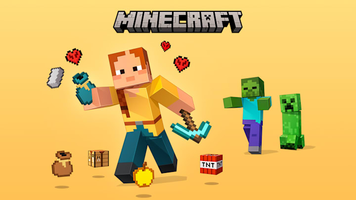 A Minecraft player holding a bundle with items spewing out of it while a Zombie and Creeper approach from behind.
