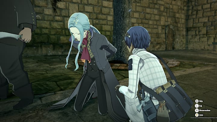 Alonzo on his knees in the street stood next to the protagonist.